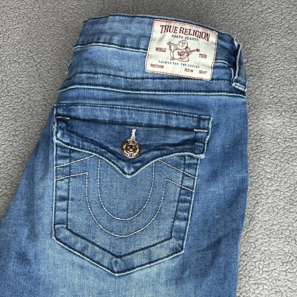 True Religion Jeans Women 30 Blue Joey Twist Seam Flare Flap Pockets Stretch Y2K